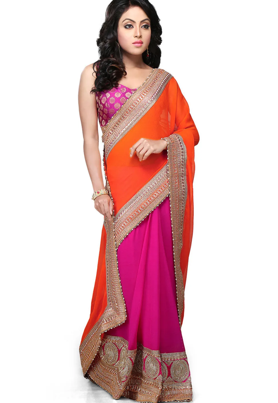 Half N Half Georgette Saree in Orange and Fuchsia