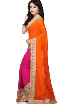 Half N Half Georgette Saree in Orange and Fuchsia