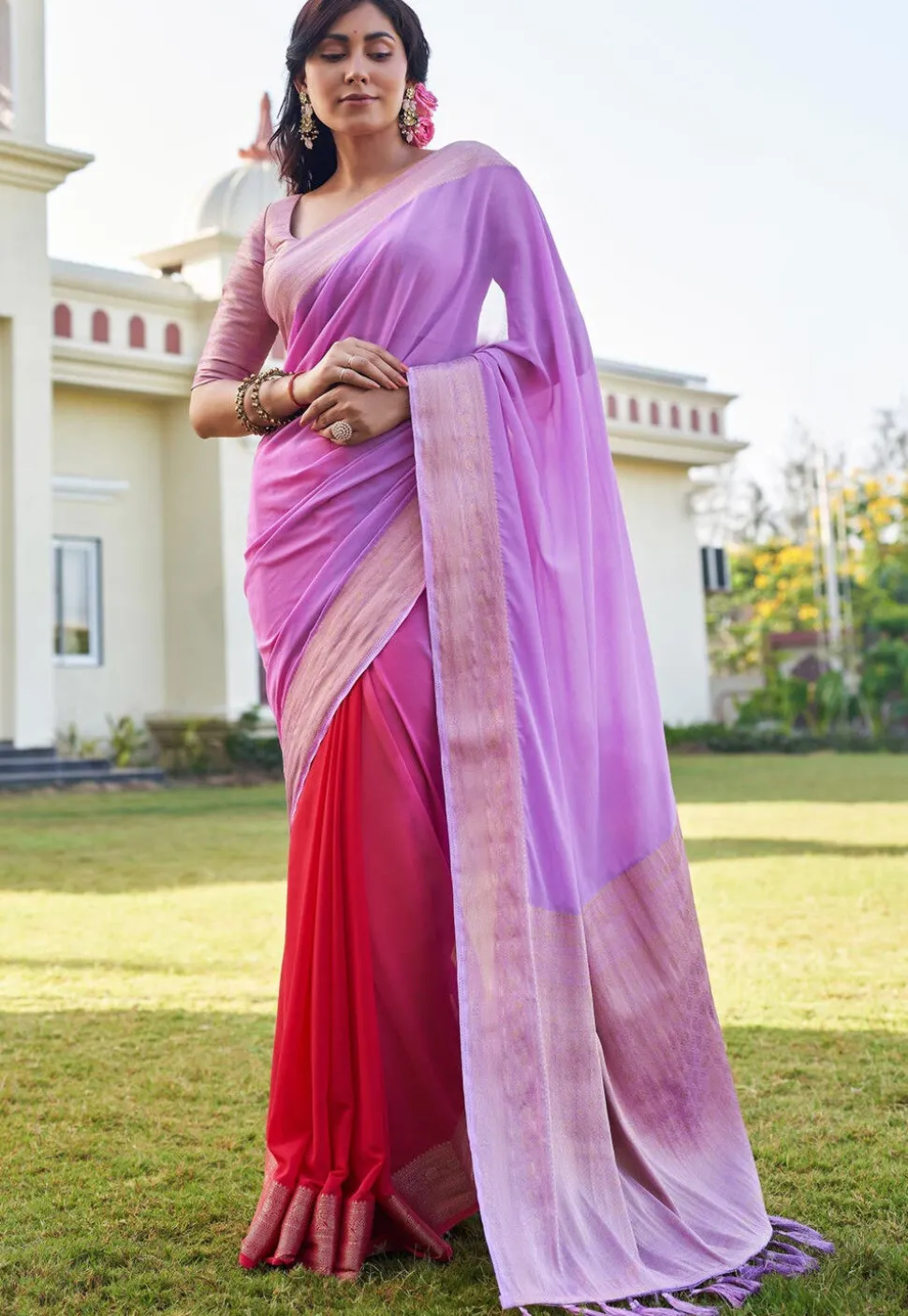 Half N Half Georgette Saree in Purple and Red