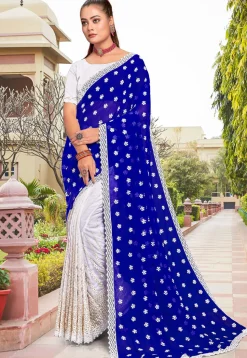 Half N Half Georgette Saree in Royal Blue and Off White