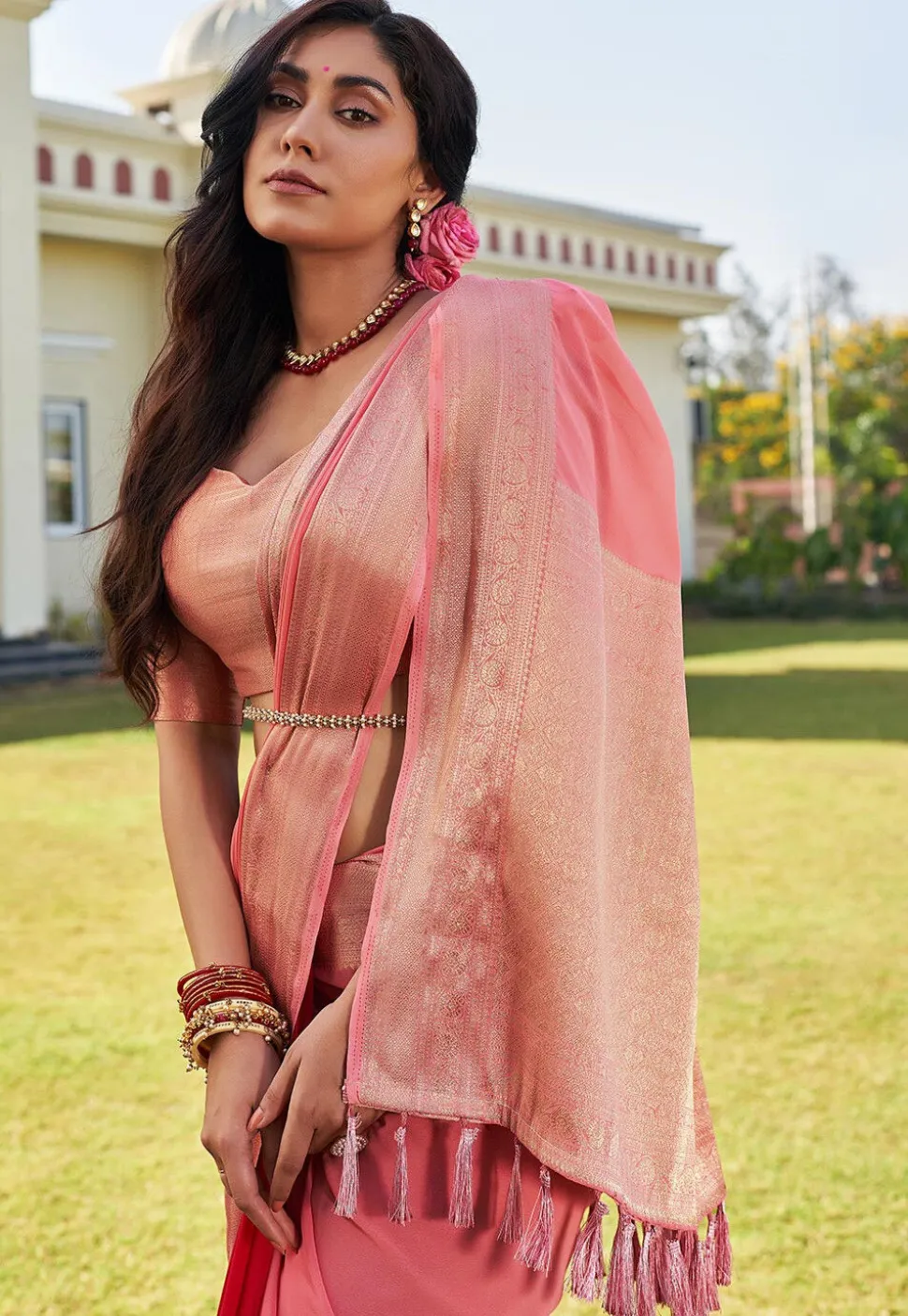 Half N Half Georgette Saree in Peach and Red