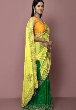 Half N Half Georgette Saree in Yellow and Green