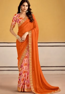 Half N Half Georgette Saree in Orange and Pink