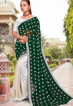 Half N Half Georgette Saree in Dark Green and Off White