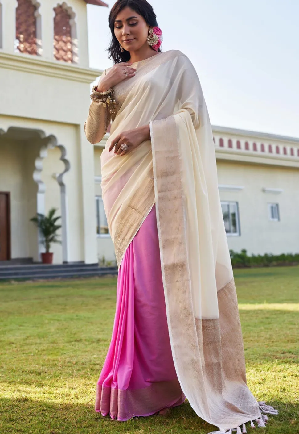 Half N Half Georgette Saree in Off White and Pink