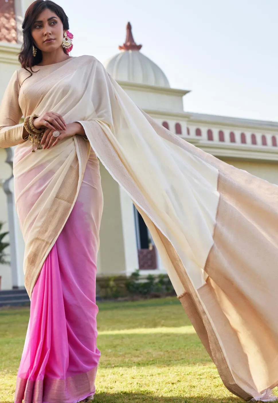 Half N Half Georgette Saree in Off White and Pink