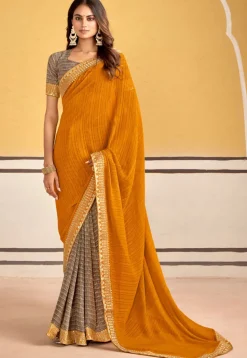 Half N Half Georgette Saree in Mustard and Off White