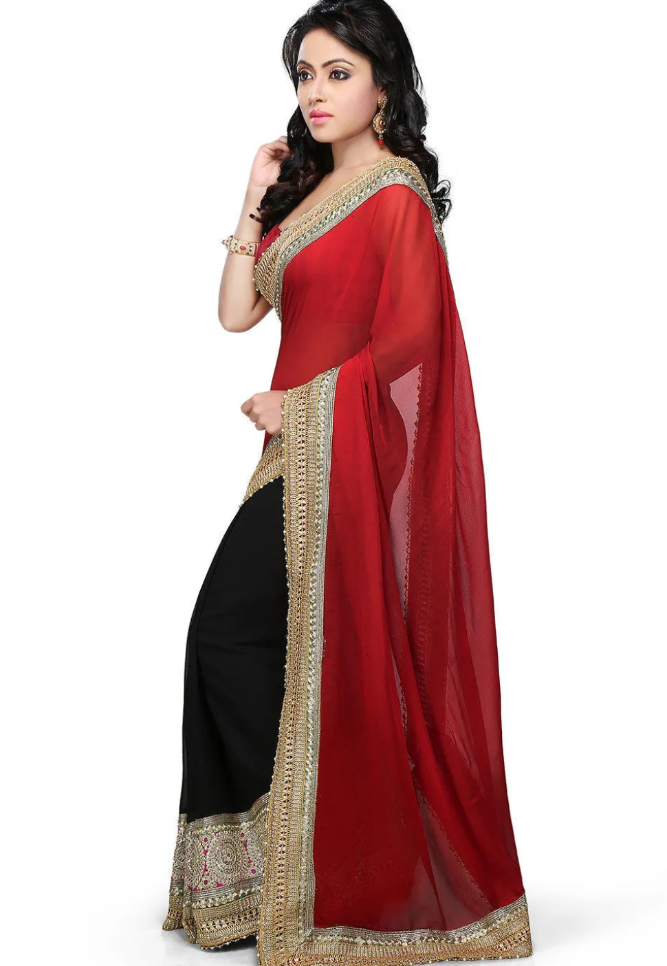 Half N Half Georgette Saree in Maroon and Black