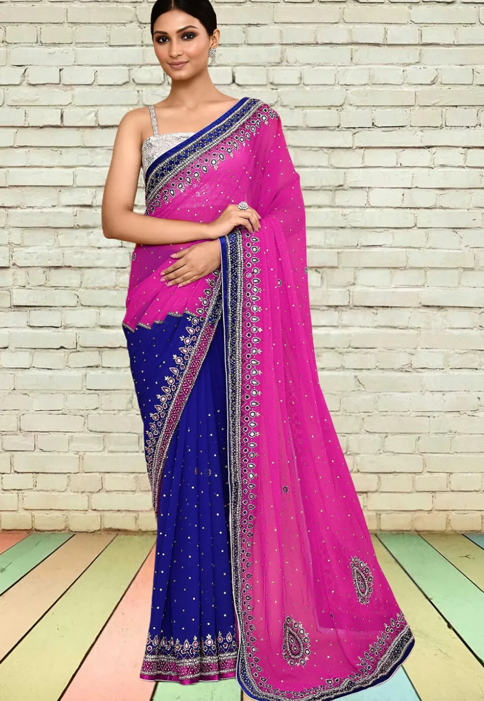 Half N Half Georgette Saree in Fuchsia and Navy Blue