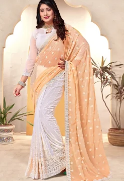 Half N Half Georgette Saree in Peach and Off White