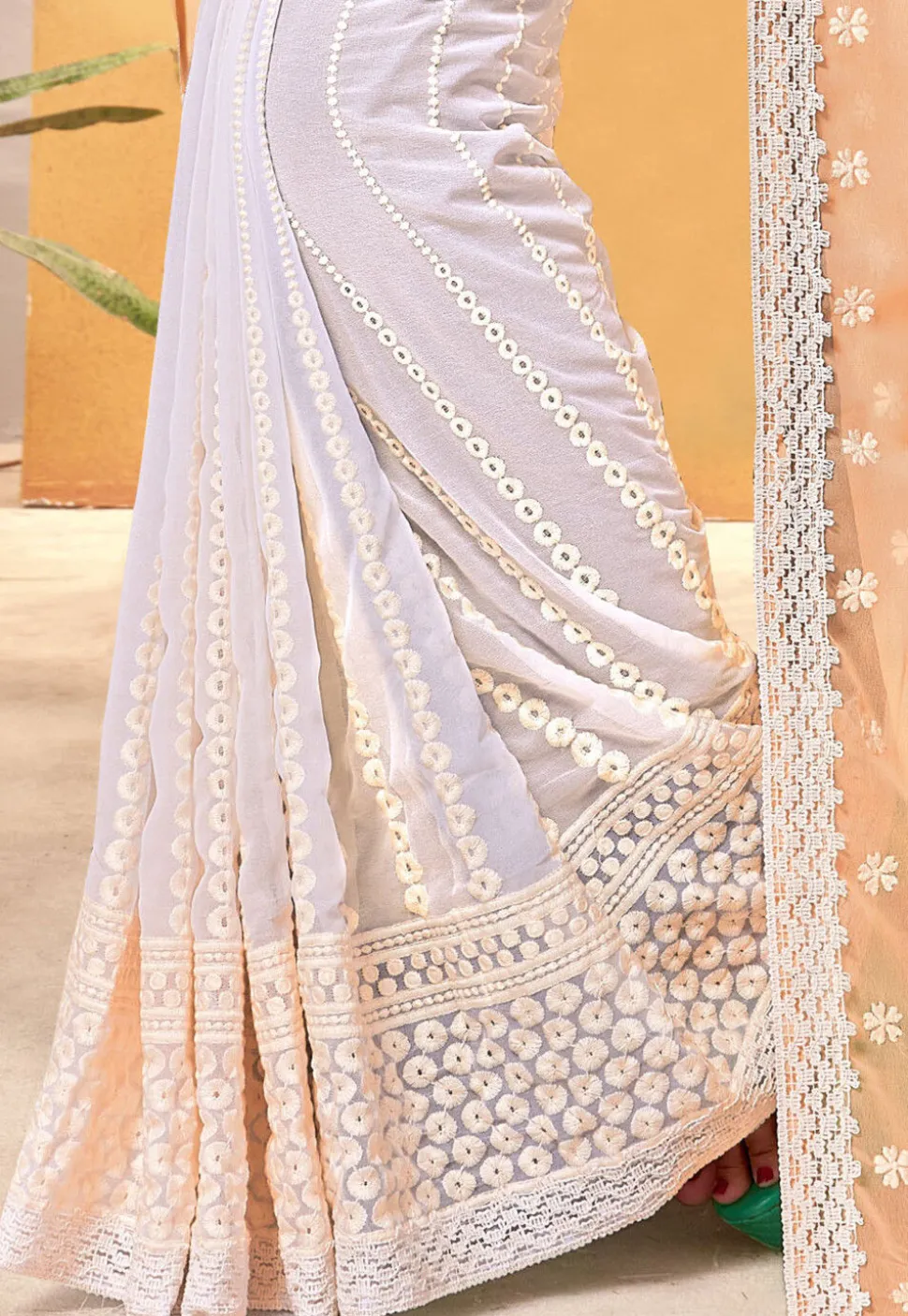 Half N Half Georgette Saree in Peach and Off White