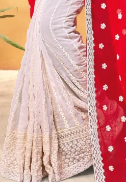 Half N Half Georgette Saree in Red and Off White