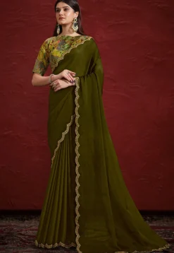 Half N Half Georgette Silk Scalloped Saree in Olive Green