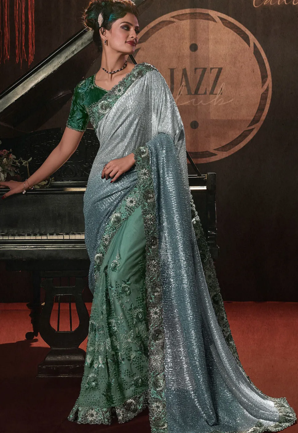 Half N Half Lycra (Elastane) Saree in Blue and Green