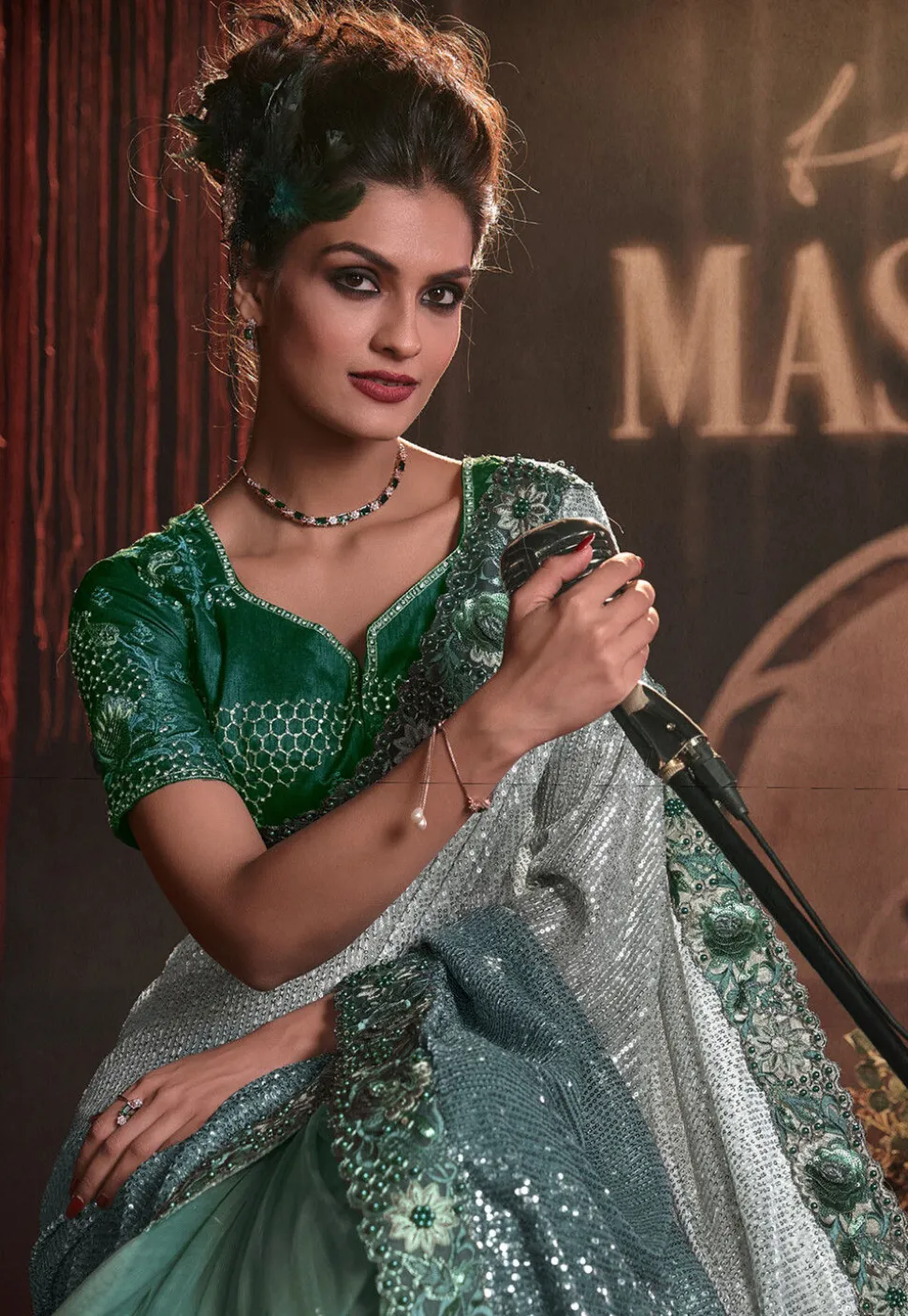 Half N Half Lycra (Elastane) Saree in Blue and Green