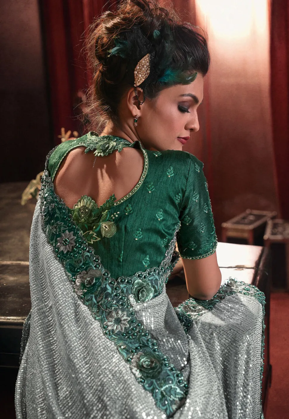 Half N Half Lycra (Elastane) Saree in Blue and Green