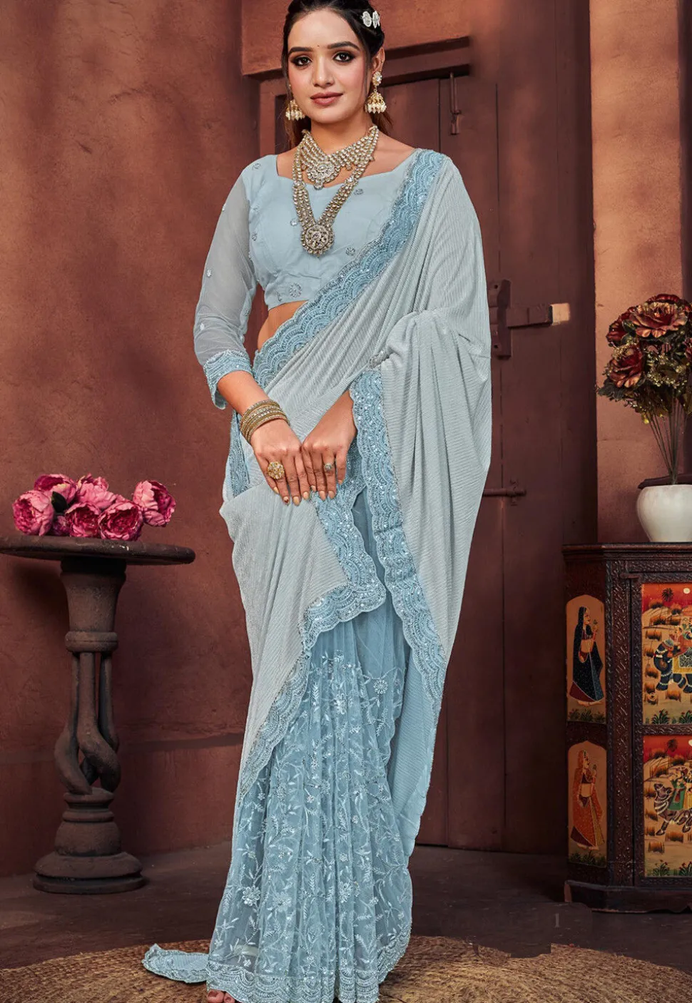 Half N Half Net and Elastane Saree in Light Blue