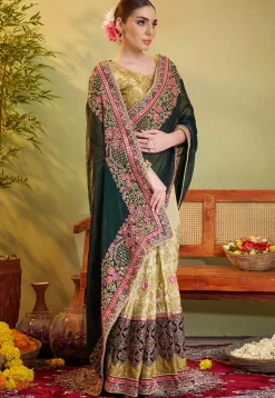 Half N Half Organza Saree in Dark Green and Beige