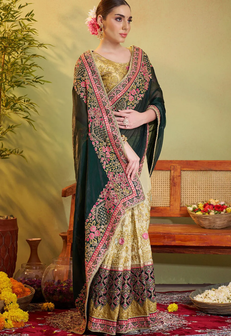Half N Half Organza Saree in Dark Green and Beige