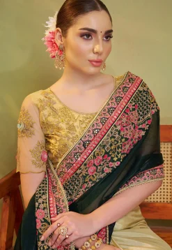 Half N Half Organza Saree in Dark Green and Beige