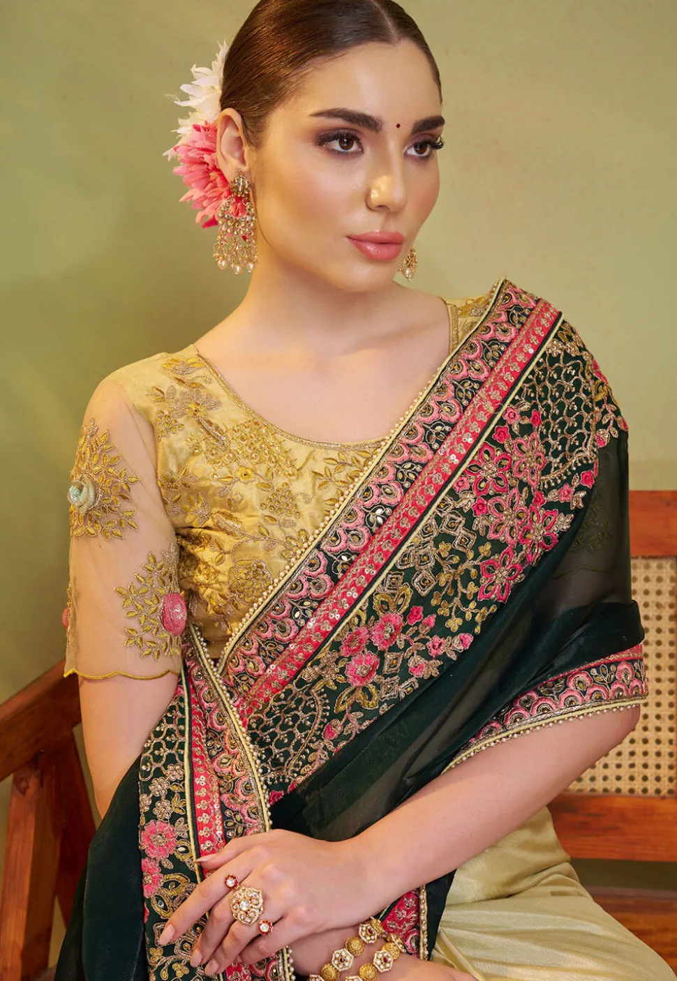 Half N Half Organza Saree in Dark Green and Beige