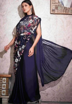 Half N Half Polyester Saree in Navy Blue