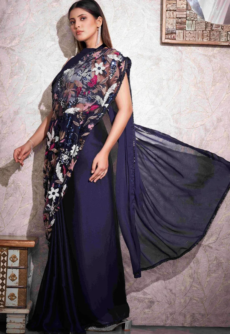 Half N Half Polyester Saree in Navy Blue