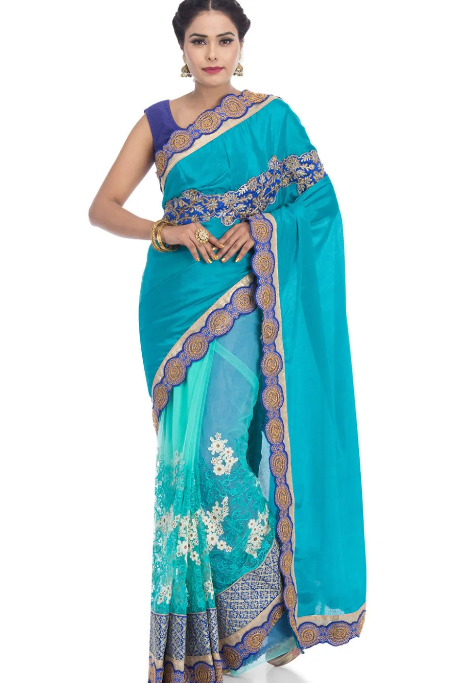 Half N Half Satin Chiffon Saree in Teal Blue