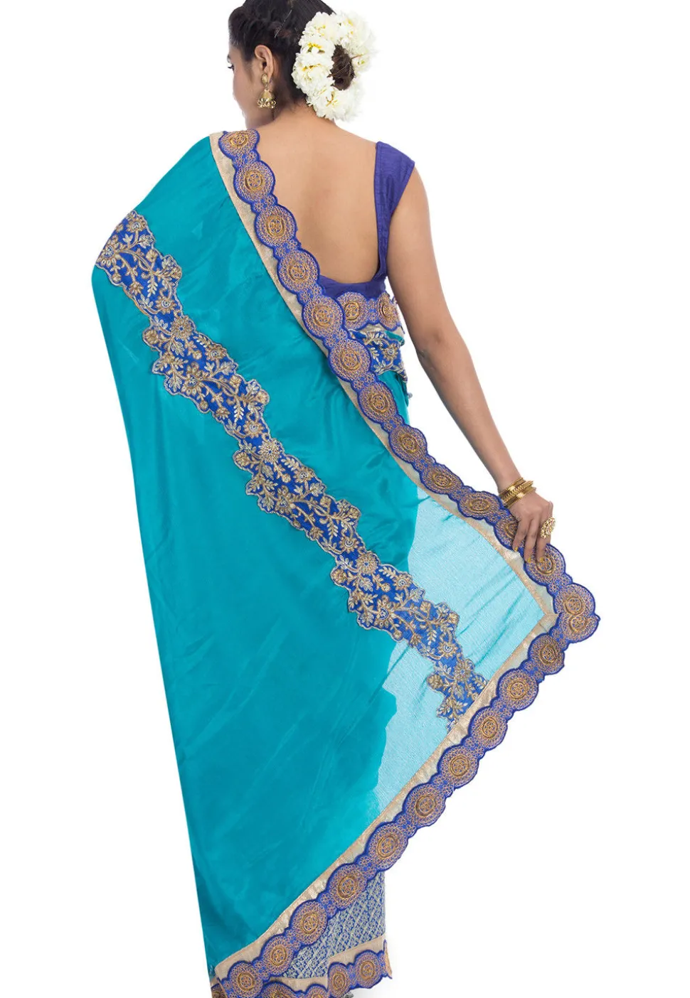 Half N Half Satin Chiffon Saree in Teal Blue