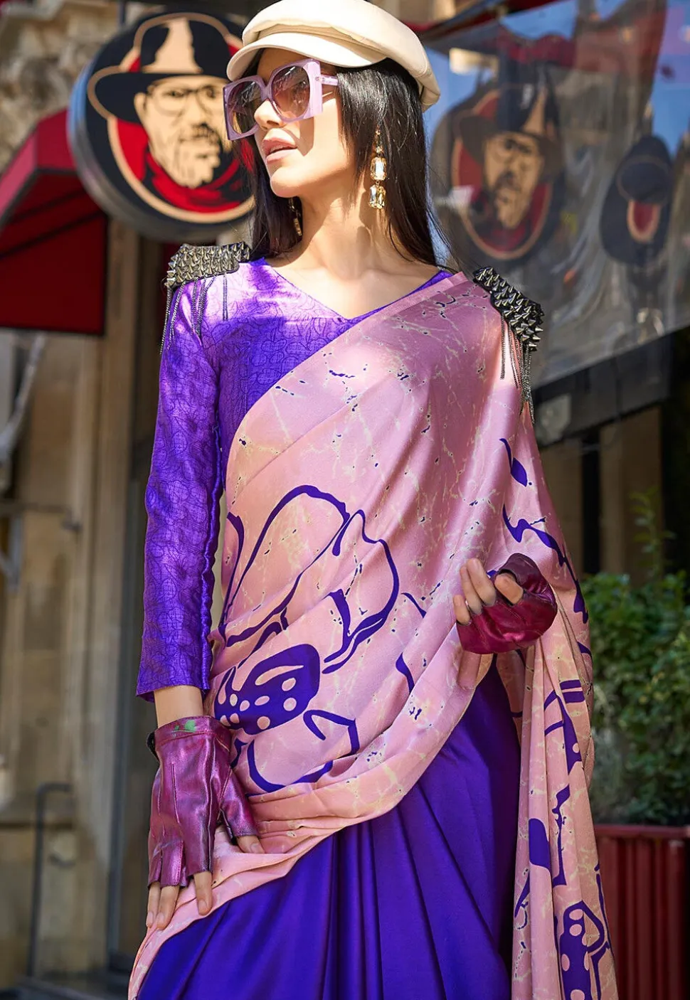 Half N Half Satin Crepe Saree in Pink and Blue