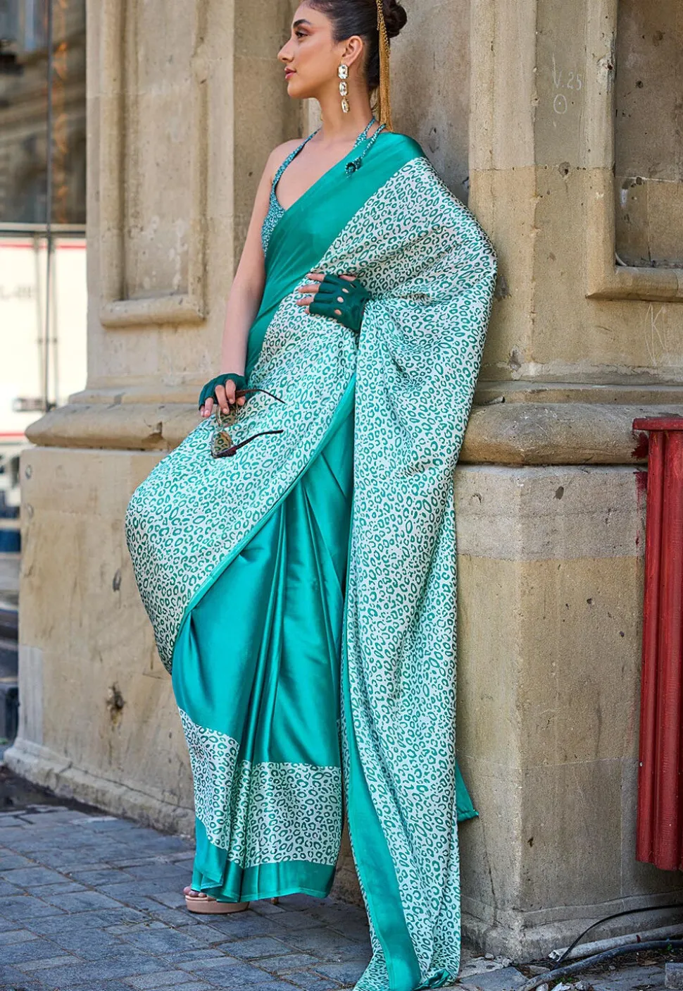 Half N Half Satin Crepe Saree in Sea Green