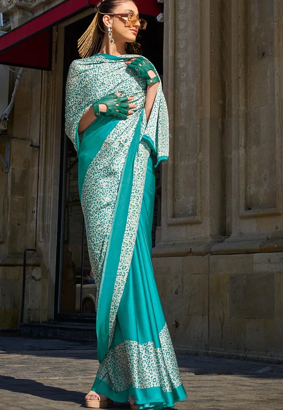 Half N Half Satin Crepe Saree in Sea Green