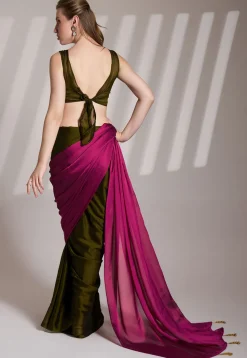 Half N Half Satin Georgette Saree in Fuchsia and Olive Green