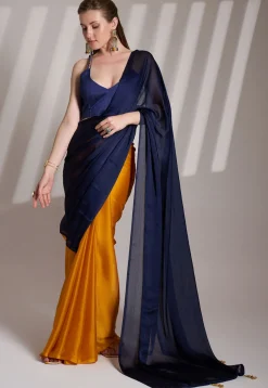 Half N Half Satin Saree in Navy Blue and Mustard