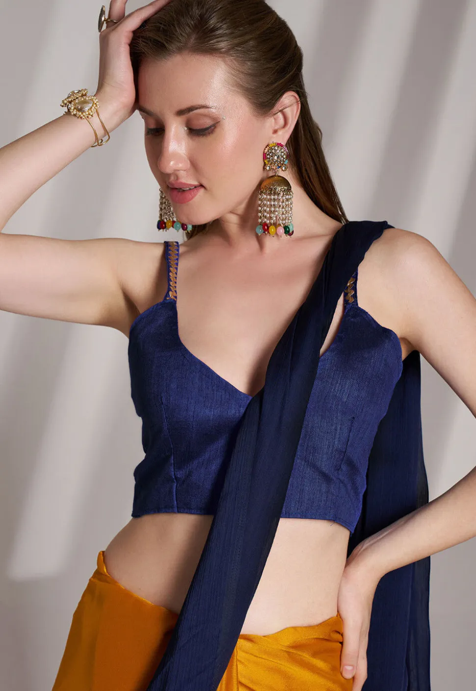 Half N Half Satin Saree in Navy Blue and Mustard