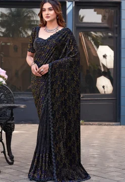Half N Half Velvet Scalloped Saree in Black