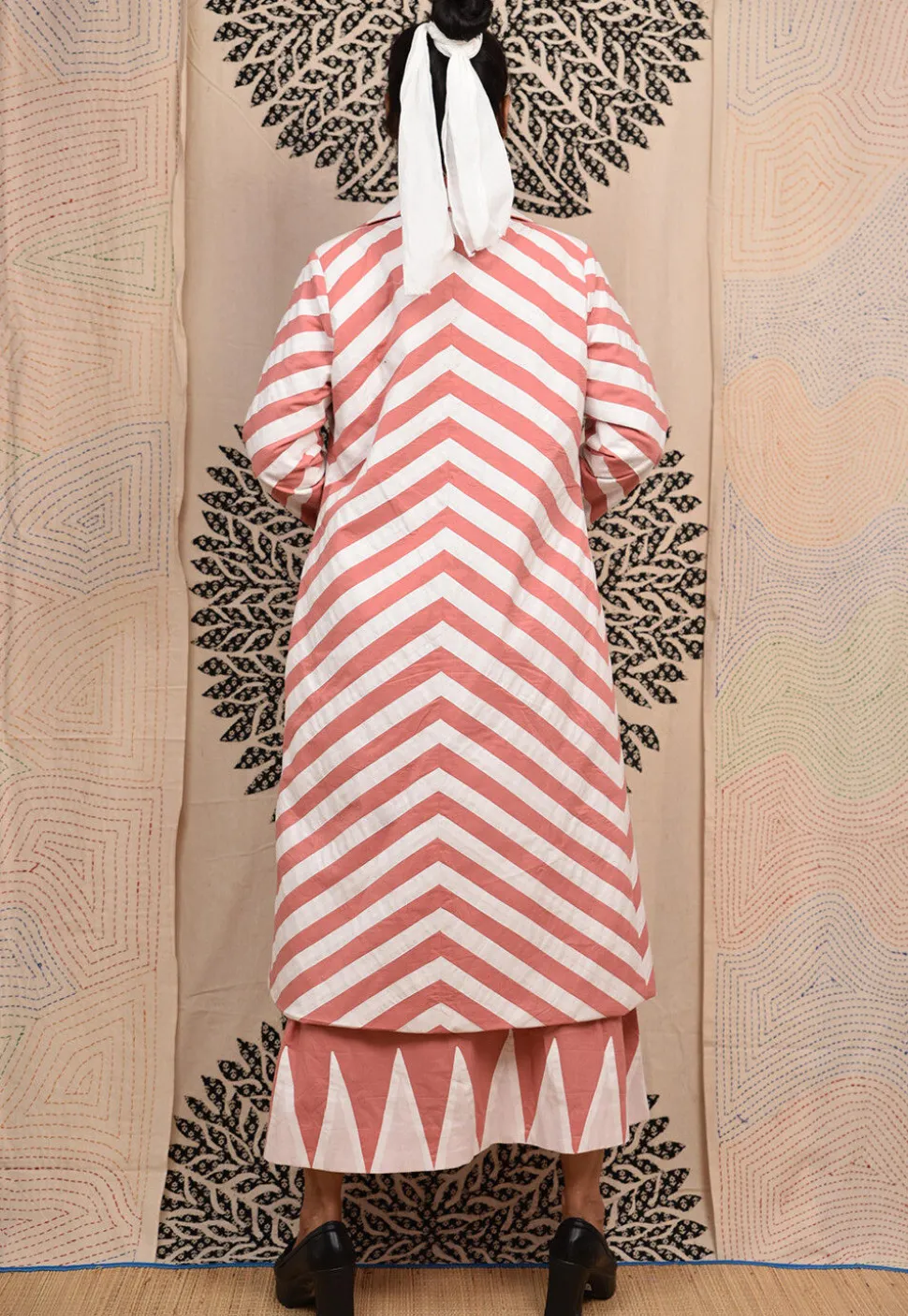 Hand Applique Pure Cotton Midi Dress in Peach
