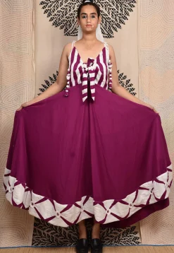 Hand Applique Pure Cotton Maxi Dress in Magenta and White