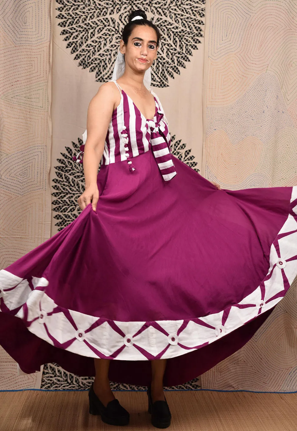 Hand Applique Pure Cotton Maxi Dress in Magenta and White