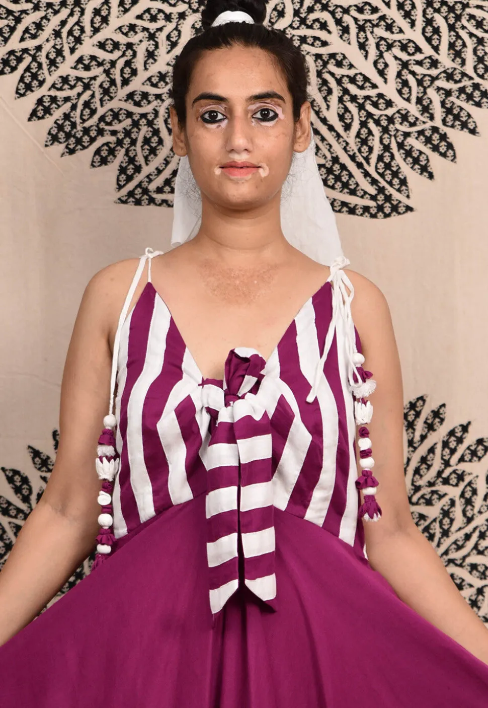Hand Applique Pure Cotton Maxi Dress in Magenta and White