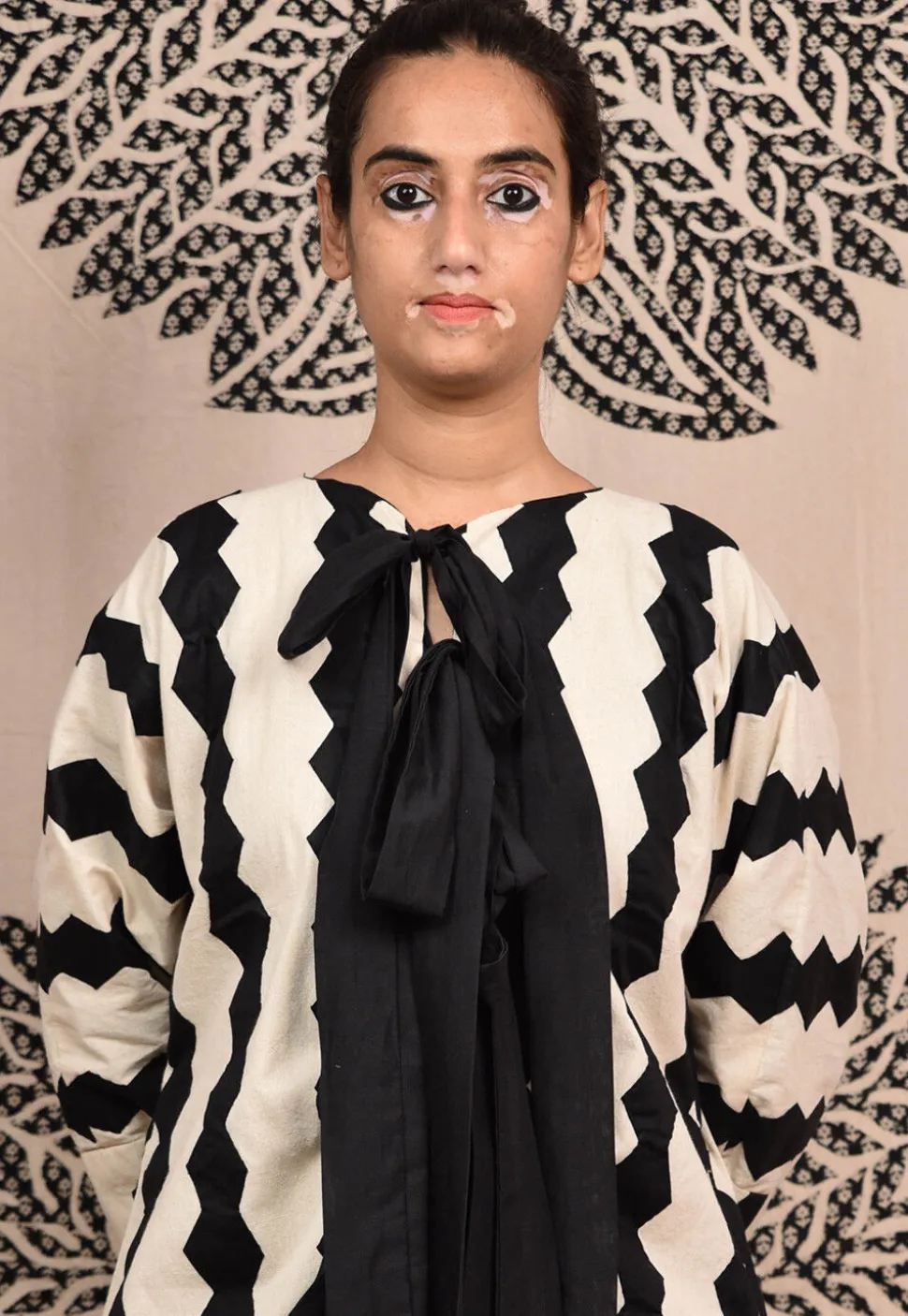 Hand Applique Pure Cotton Jumpsuit in Beige and Black
