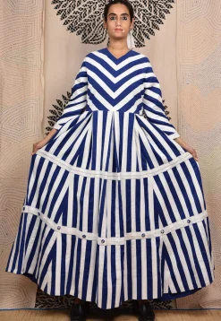 Hand Applique Pure Cotton Maxi Dress in White and Royal Blue