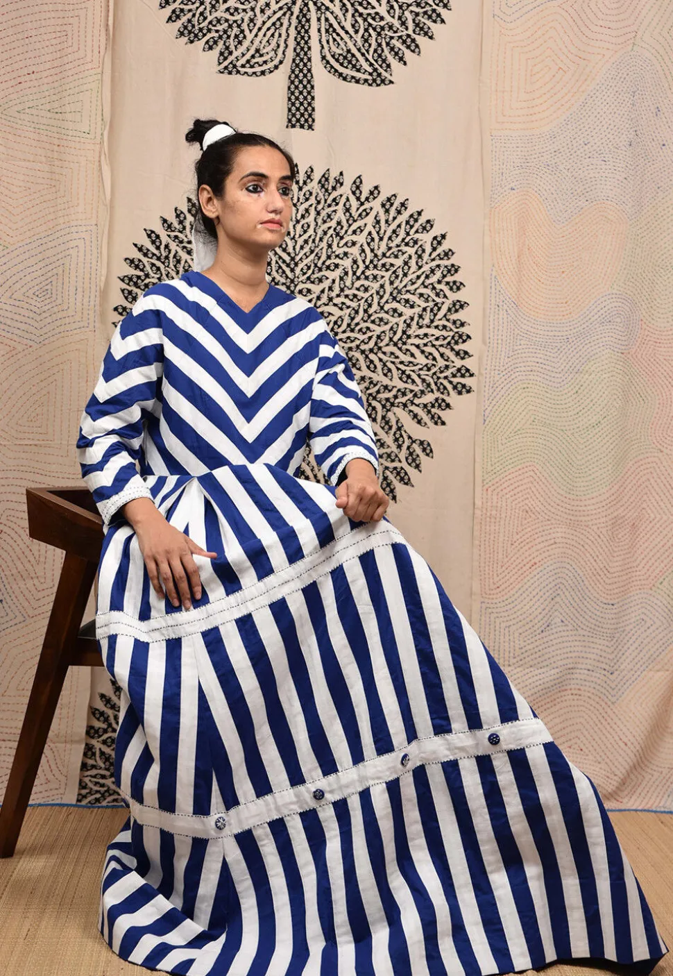 Hand Applique Pure Cotton Maxi Dress in White and Royal Blue