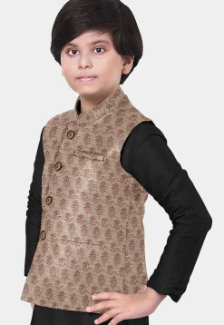 Hand Block Printed Art Silk Nehru Jacket in Light Beige