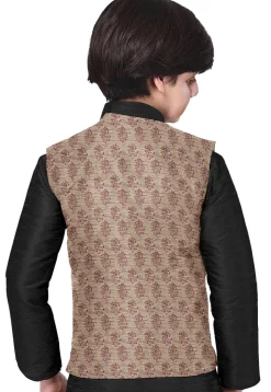 Hand Block Printed Art Silk Nehru Jacket in Light Beige