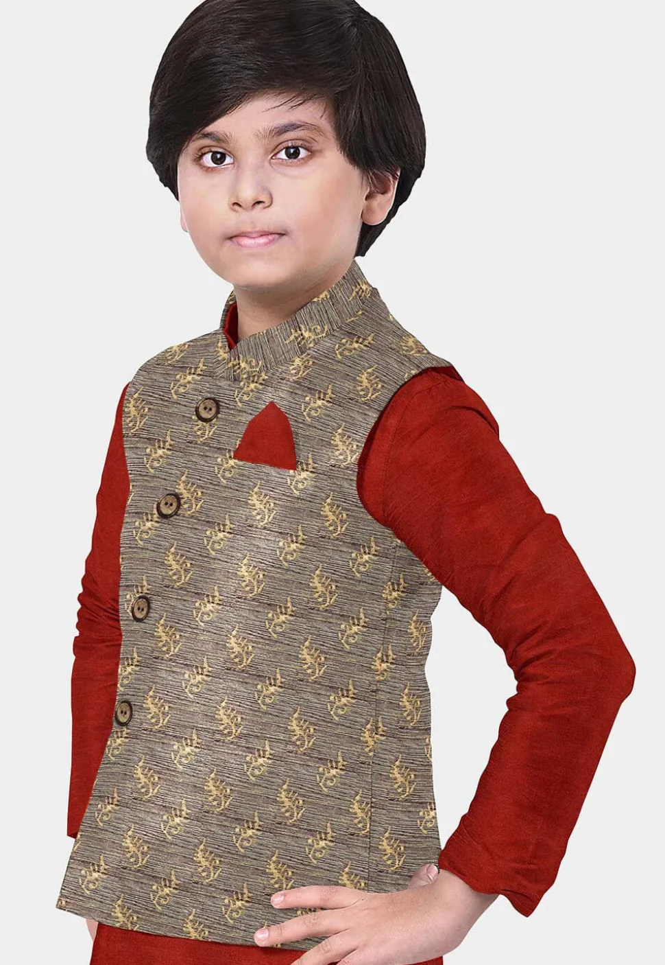 Hand Block Printed Art Silk Nehru Jacket in Dark Beige