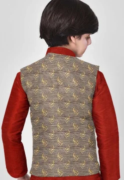 Hand Block Printed Art Silk Nehru Jacket in Dark Beige