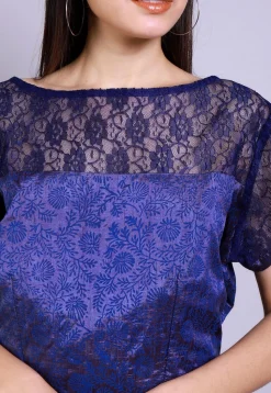 Hand Block Printed Art Silk Back Tie Up Dress in Indigo Blue