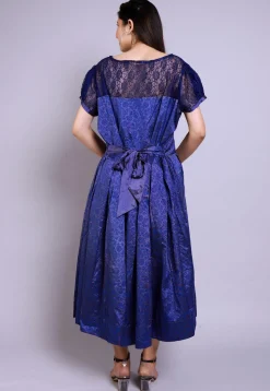 Hand Block Printed Art Silk Back Tie Up Dress in Indigo Blue