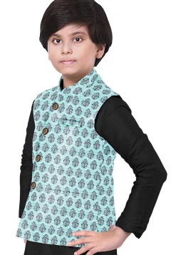 Hand Block Printed Art Silk Nehru Jacket in Sky Blue